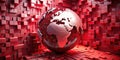 Metallic globe resting on a crimson cubic structure, representing global interconnectivity and modern technology. Generative AI Royalty Free Stock Photo