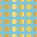 Metallic gold foil polka dots pattern. Circles Seamless Vector. Shiny metallic golden foil dots on blue background. For Wallpaper, Royalty Free Stock Photo