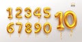 Metallic golden number balloons 0 to 9. Set of foil and latex balloons. Helium balloons. Party, birthday, celebrate anniversary