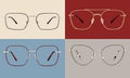 Metallic golden and silver glasses collage isolated on red, blue and beige background, ideal photo template for display or