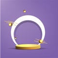 Metallic golden stage with floating geometrical forms, round platform, realistic minimal background, 3d luxury scene on pink and Royalty Free Stock Photo