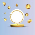 Metallic golden stage with floating geometrical forms, round platform, realistic minimal background, 3d luxury scene on pink and Royalty Free Stock Photo
