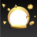 Metallic golden stage with floating geometrical forms, round platform, realistic minimal background, 3d luxury scene on pink and Royalty Free Stock Photo