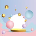 Metallic golden stage with floating geometrical forms, round platform, realistic minimal background, 3d luxury scene on pink and Royalty Free Stock Photo