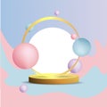 Metallic golden stage with floating geometrical forms, round platform, realistic minimal background, 3d luxury scene on pink and Royalty Free Stock Photo