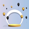 Metallic golden stage with flying balloons, round platform, realistic minimal background, 3d luxury scene on purplefor product