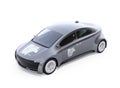 Metallic gray electric car with car sharing graphic pattern on hood and doors