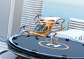 Metallic gray Passenger Drone Taxi takeoff from helipad on the roof of a skyscraper Royalty Free Stock Photo