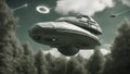 A metallic gray spaceship with a rectangular shape and a laser cannon. The spaceship is leaving