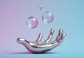 Metallic hand holding floating bubbles against a gradient background