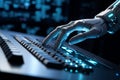 Metallic Hand of robot touch. Coding monitor science