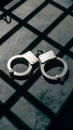 Metallic handcuffs on surface, sharp shadows, grid like shadow pattern Royalty Free Stock Photo