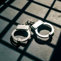 Metallic handcuffs on surface, sharp shadows, grid like shadow pattern Royalty Free Stock Photo