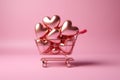 Metallic hearts in shopping cart, Valentine's Day discounts and sales. Generative AI