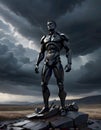 Metallic humanoid figure standing upright amidst a stormy atmosphere illuminated by lightning, Generative AI Royalty Free Stock Photo