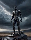 Metallic Humanoid Figure Standing Upright Amidst a Stormy Atmosphere Illuminated by Lightning, Generative AI Royalty Free Stock Photo