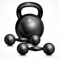 Metallic kettle bell and two dumbbells Royalty Free Stock Photo