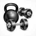 Metallic kettle bell and two dumbbells Royalty Free Stock Photo