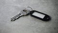 Metallic Key with Black Plastic Key Tag on Gray Surface Royalty Free Stock Photo