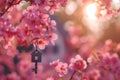 Key Hanging From Tree With Pink Flowers Generative AI Royalty Free Stock Photo