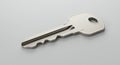 A metallic key lies on a light gray surface. It features a rectangular bow with a circular Royalty Free Stock Photo