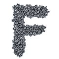 Metallic letter F from metal balls, 3D rendering