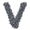 Metallic letter V from metal balls, 3D rendering