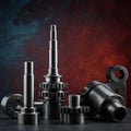 Metallic machine components, including gear shafts and cylinders, are arranged on a Royalty Free Stock Photo