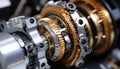 Metallic machinery turning, interlocked gears, teamwork in factory generated by AI