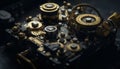 Metallic machinery turning, teamwork repairing old clockworks generated by AI