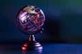 Metallic model of a globe with map in blue and red neon light. Bipolarity of the world. Geography concept. Selective Royalty Free Stock Photo