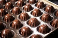 metallic molds filled with molten dark chocolate