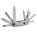 Shiny chrome multi tool with multiple open blades and tools isolated on white background Royalty Free Stock Photo
