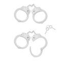 Metallic open and closed handcuffs with keys set realistic template vector illustration