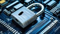 metallic padlock with a broken shackle rests on a dark-blue circuit board