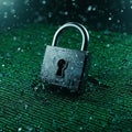 A metallic padlock featuring a keyhole with a digital circuit design overlays a Royalty Free Stock Photo