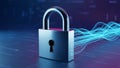 Metallic Padlock with Glowing Blue Digital Data Streams on Dark Background security protection Royalty Free Stock Photo