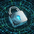 A metallic padlock with a glowing blue keyhole is centered against a backdrop of digital circuit Royalty Free Stock Photo