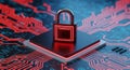 Digital security concept with glowing red padlock icon on futuristic circuit board background Royalty Free Stock Photo