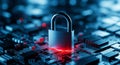 Digital security concept with glowing padlock symbol on circuit board representing cyber protection and data safety Royalty Free Stock Photo