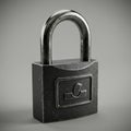 A metallic padlock with a rectangular body and round shackle stands upright against Royalty Free Stock Photo