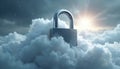 Metallic padlock rests on fluffy clouds against bright sky with sun rays. Concept of secure cloud storage and data protection, Royalty Free Stock Photo