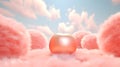 Metallic peach fuzz fruit contrasts with dreamy, soft pink cloud-like setting, playful still life. Peachy pink fluffy background.