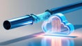 metallic pipe connects to a glowing cloud symbol, representing data transfer and cloud computing technology Royalty Free Stock Photo