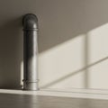 A metallic pipe with a 90-degree elbow joint is positioned against a plain wall. It Royalty Free Stock Photo