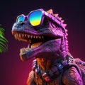 Vibrant colored dinosaur closeup, wearing sunglasses, in fun design. Royalty Free Stock Photo