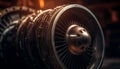 Metallic propeller spinning inside old airplane engine generated by AI