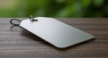 A metallic rectangular tag with rounded edges lies on a wooden surface. The tag Royalty Free Stock Photo