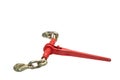 Metallic red ratchet chain binder with silver crooks for securing the load on the white background