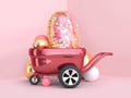 3d rendering metallic red wagon wheels and clear gold balloon group